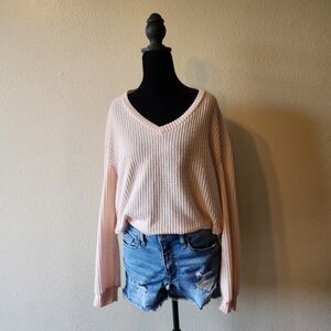 Pink Knit Sweater and Denim Shorts Set